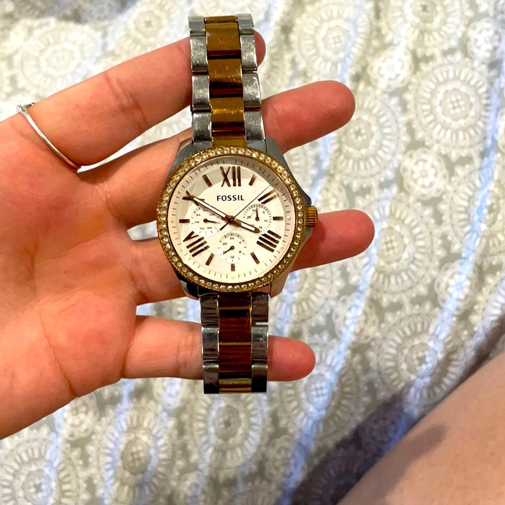 Rose gold and silver fossil watch